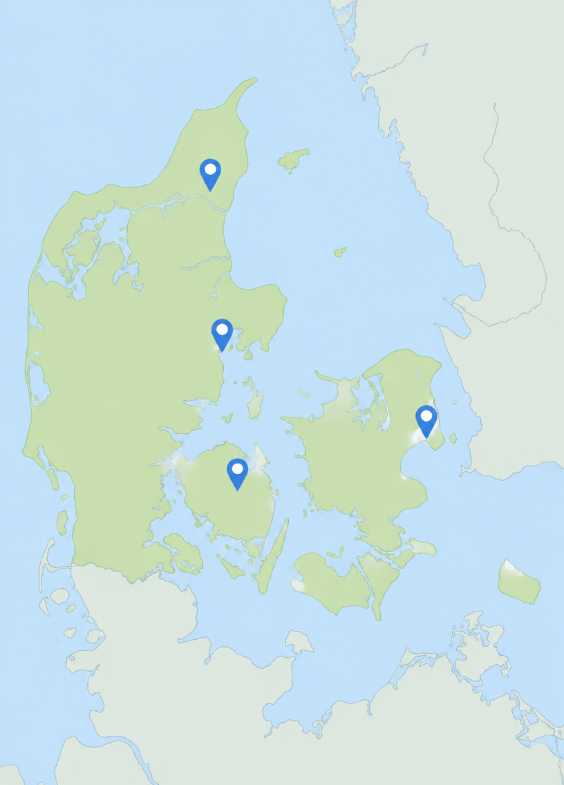 Kort over Danmark med kontorer for Microsoft Dynamics 365-partnere i København, Aarhus, Odense og Aalborg