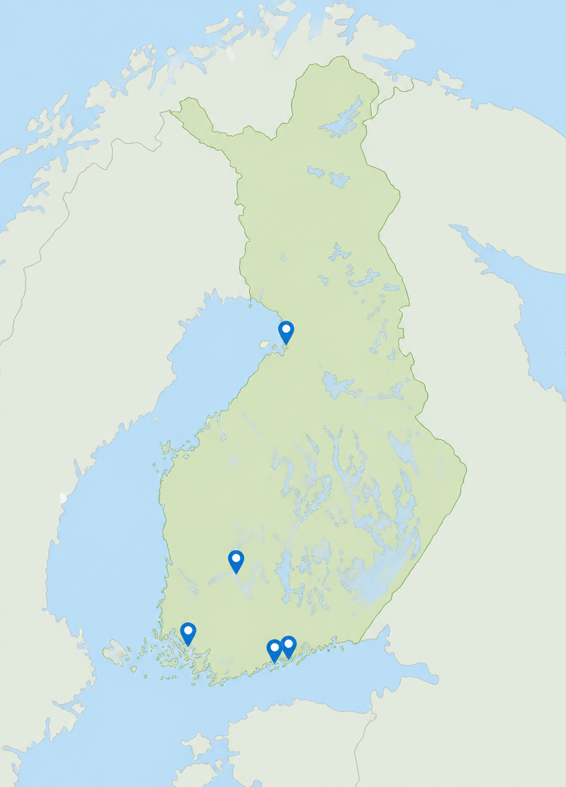 Kartta Suomesta ja Microsoft Dynamics 365 -kumppanien toimipisteistä Helsingissä, Tampereella, Turussa ja Oulussa