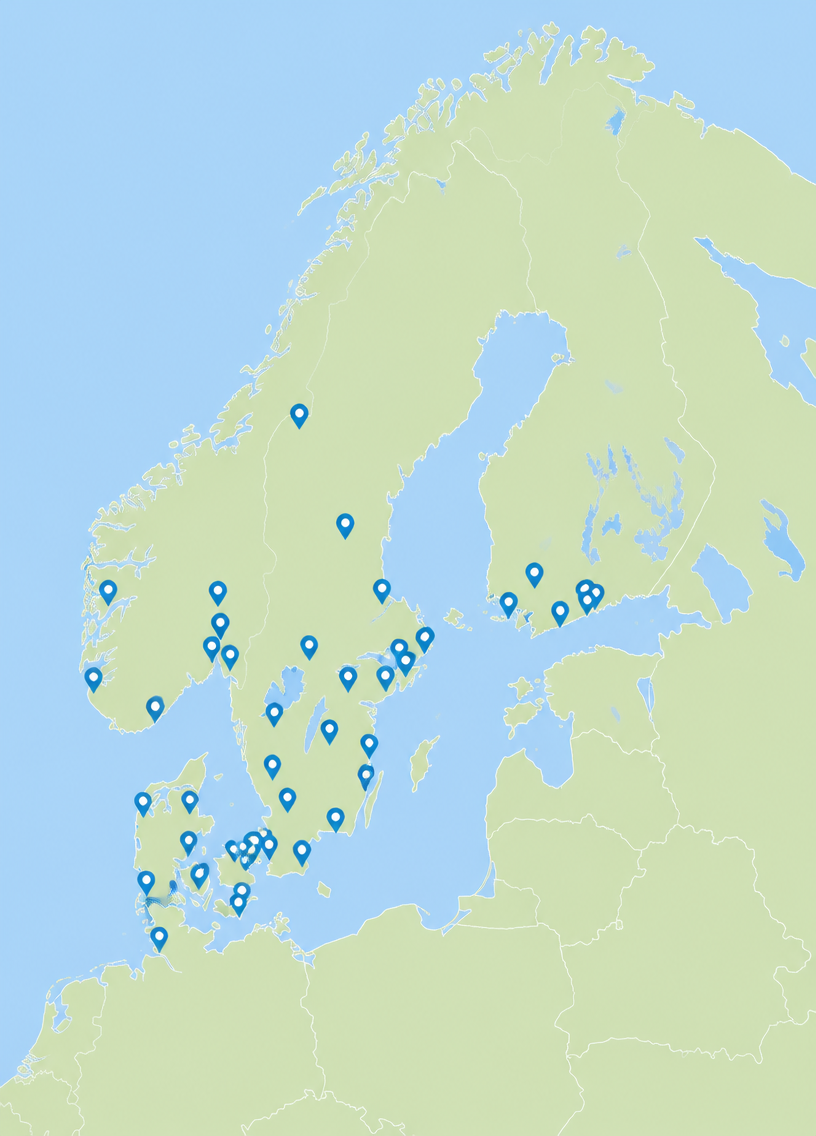 Map of the Nordics and Northern Europe showing Microsoft Dynamics 365 partner offices in Sweden, Norway, Denmark and Finland