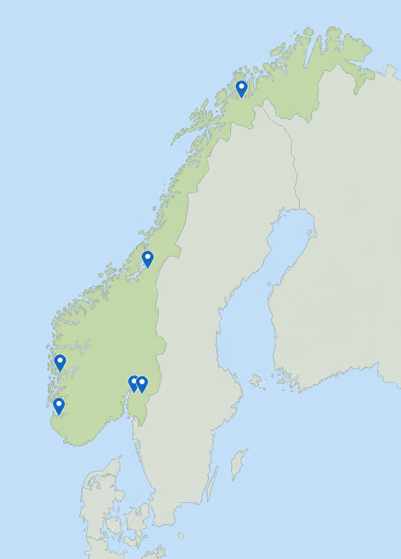 Kart over Norge med kontorsteder for Microsoft Dynamics 365-partnere, fra Oslo og Bergen til Trondheim, Stavanger og Tromsø